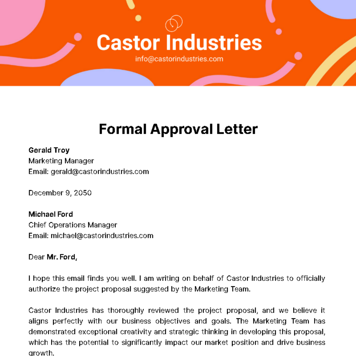 Free Formal Approval Letter  Template