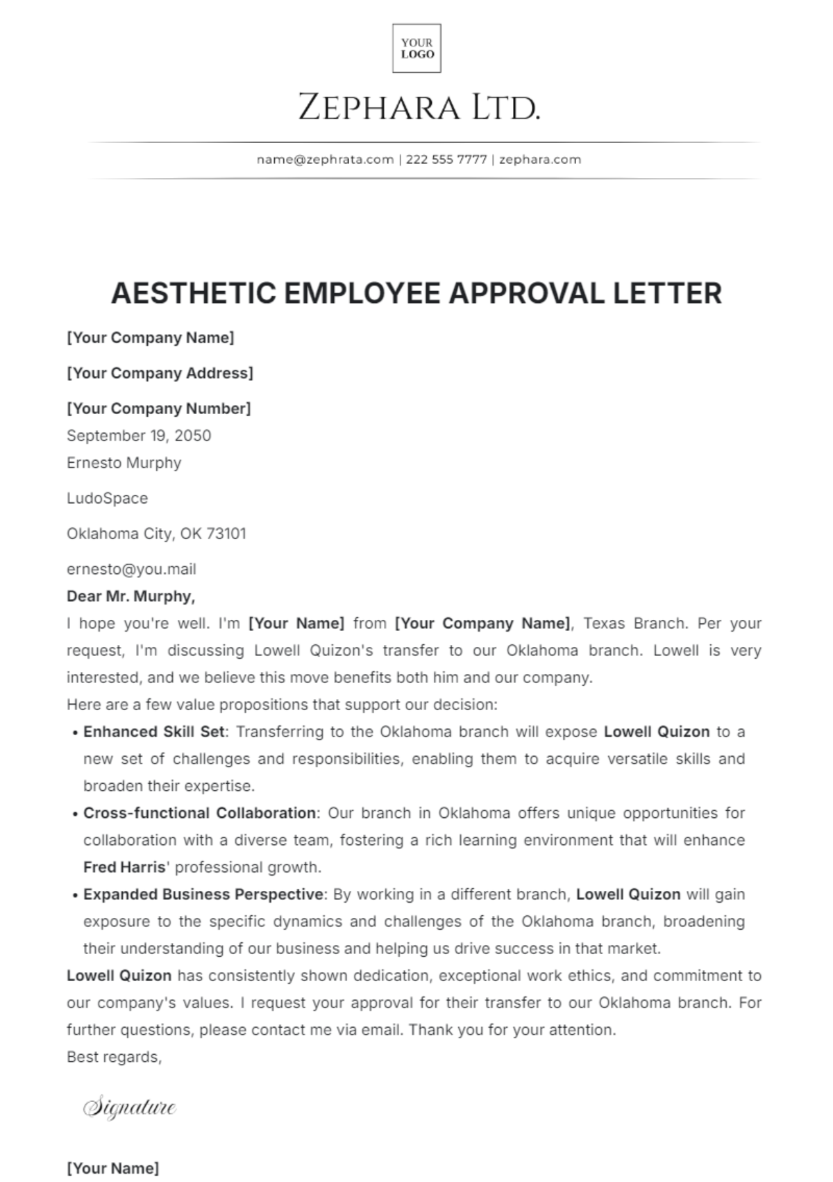 Aesthetic Employee Approval Letter Template - Edit Online & Download