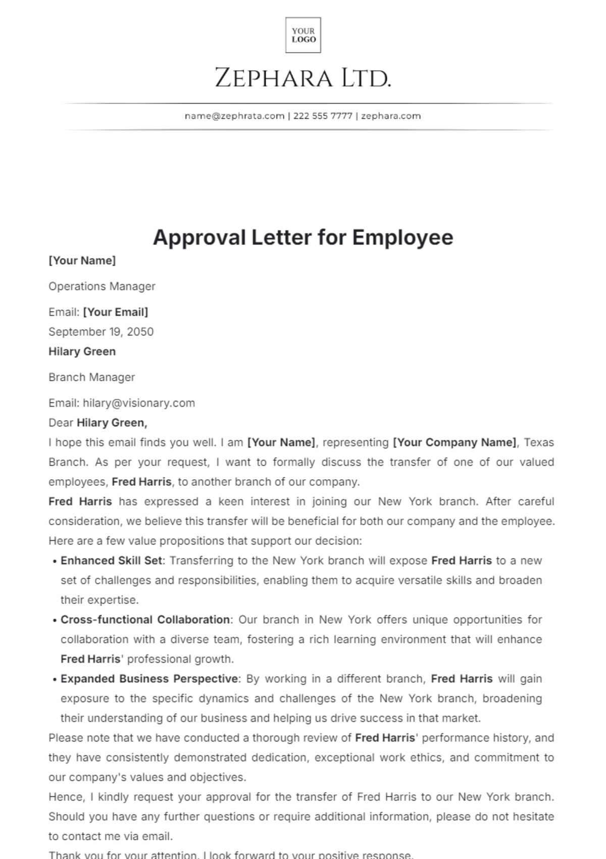 Approval Letter Layout for Employee Template