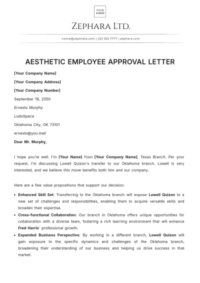 Free Aesthetic Employee Approval Letter Template to Edit Online