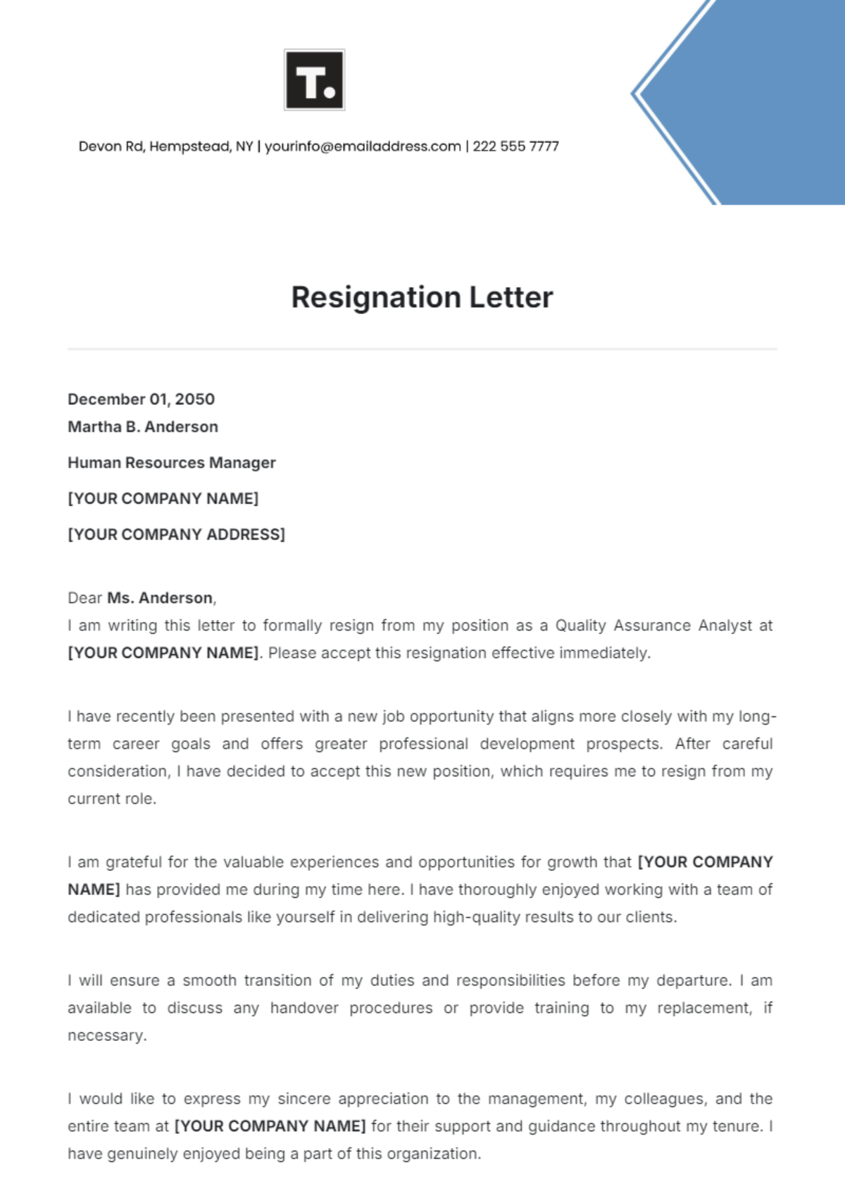 Resignation Letter Template - Edit Online & Download