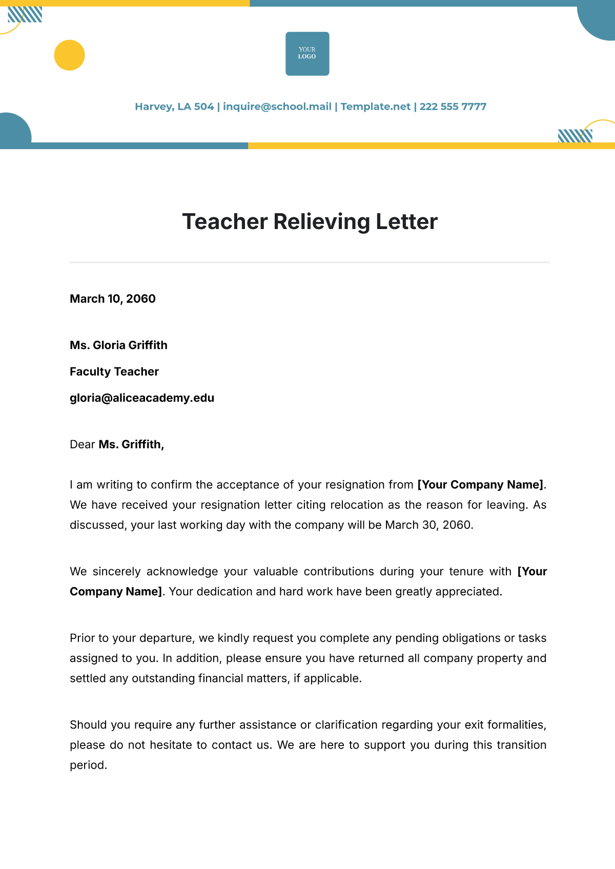 Teacher Relieving Letter Template - Edit Online & Download