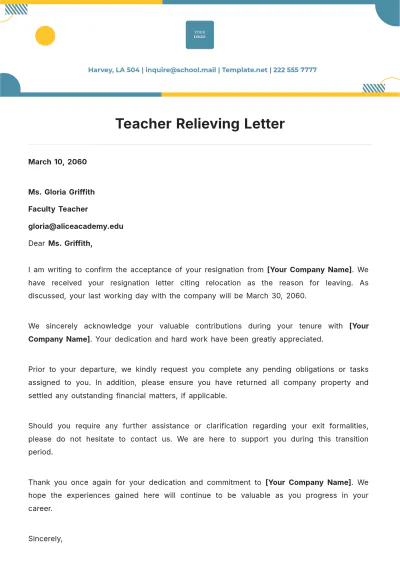 Free Teacher Relieving Letter Template to Edit Online