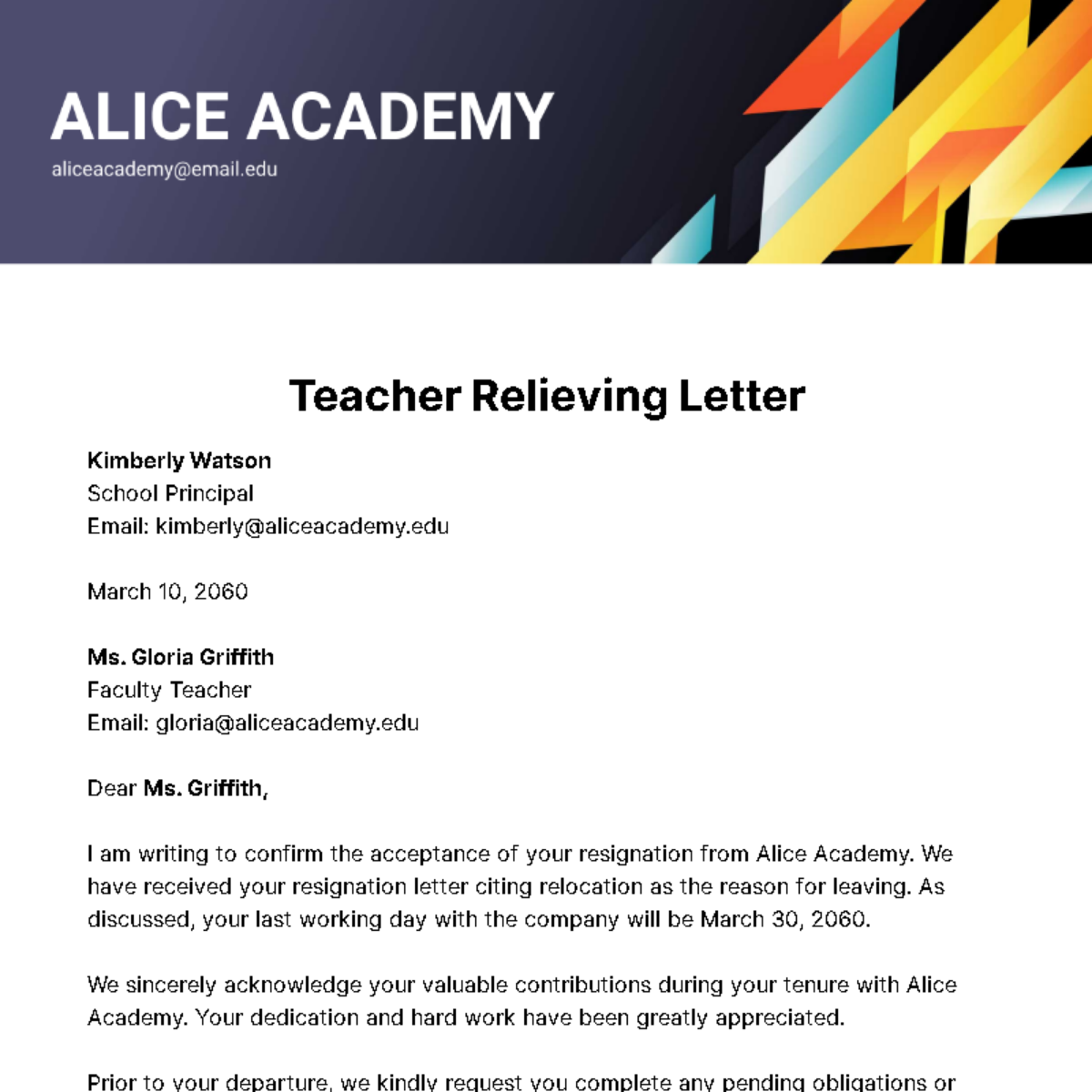 Teacher Relieving Letter Template