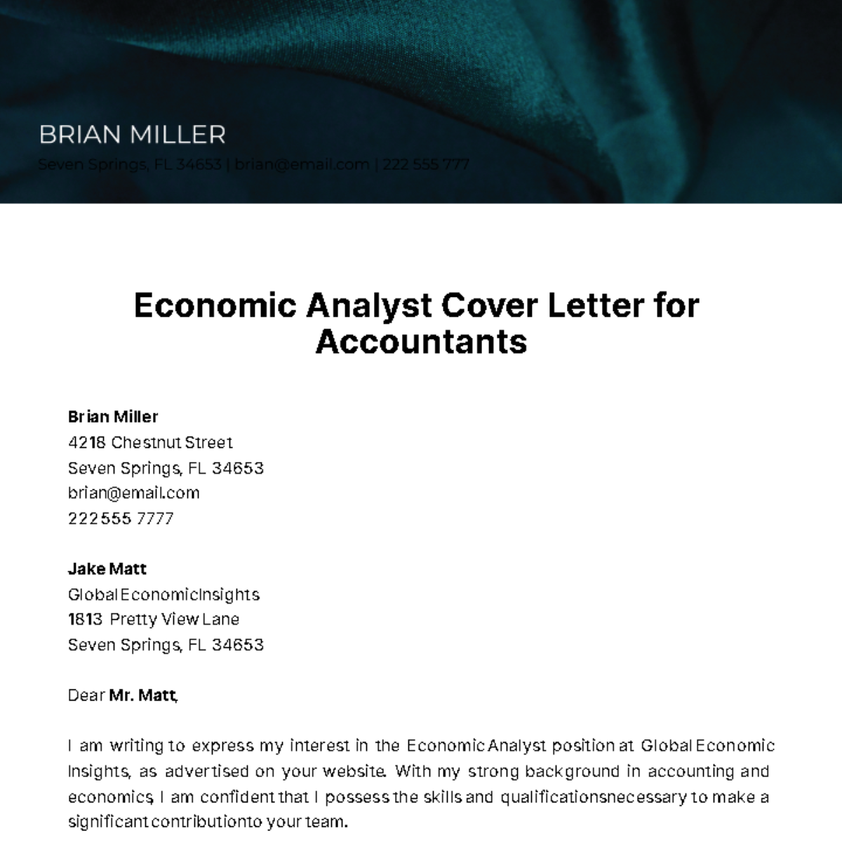 Economic Analyst Cover Letter for Accountants Template