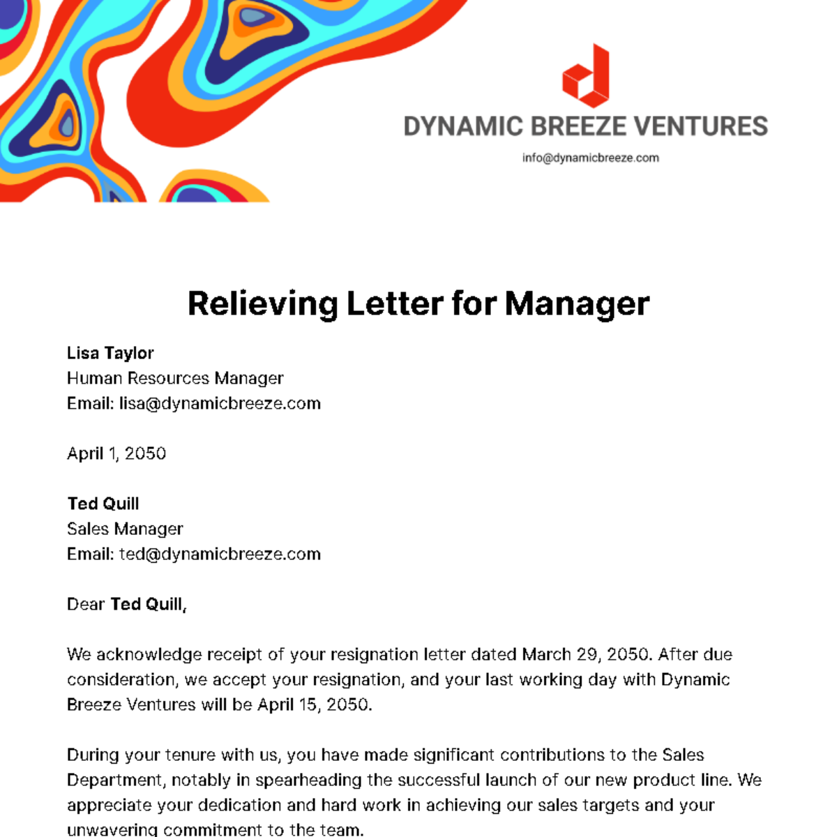 Relieving Letter for Manager Template