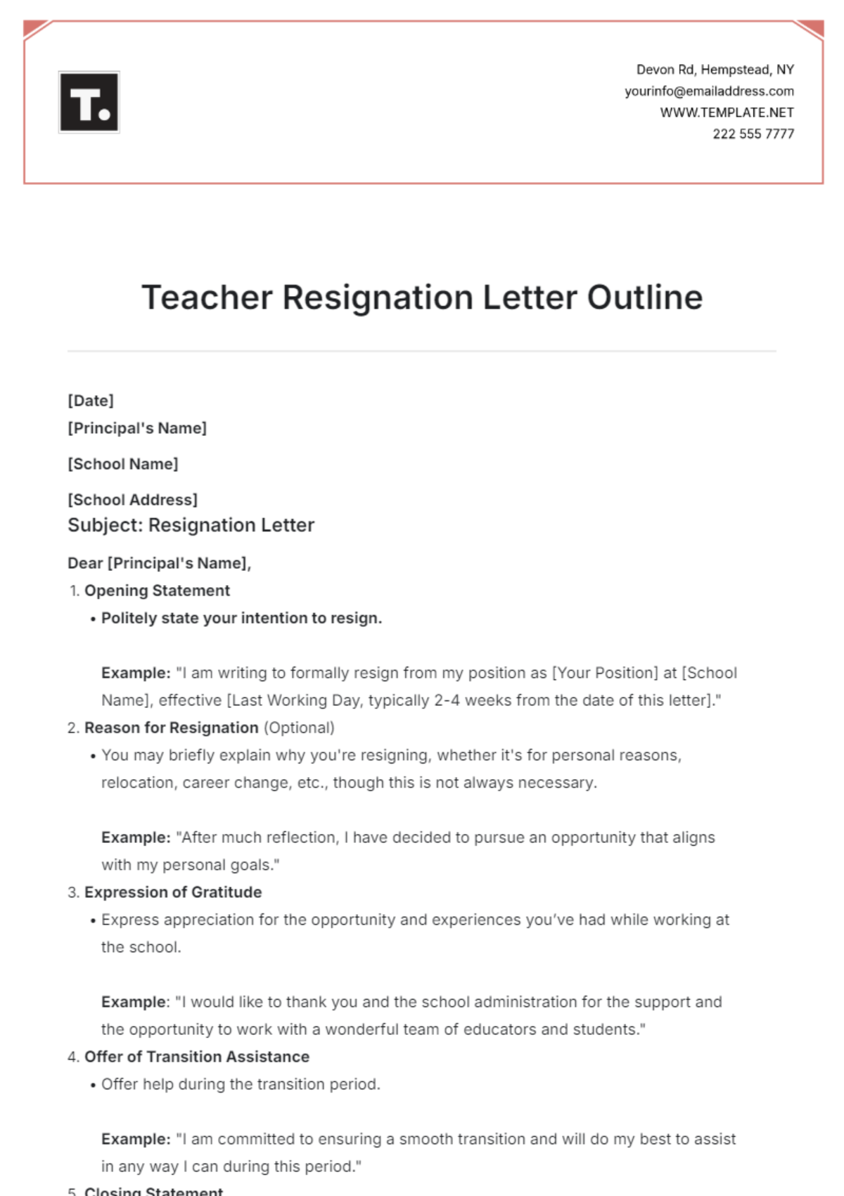 Teacher Resignation Letter Outline Template - Edit Online & Download