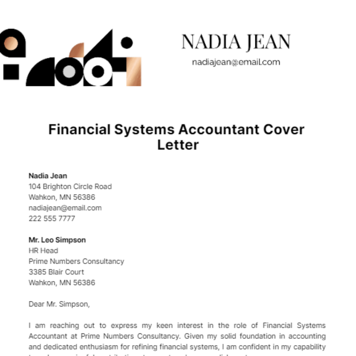 Financial Systems Accountant Cover Letter Template