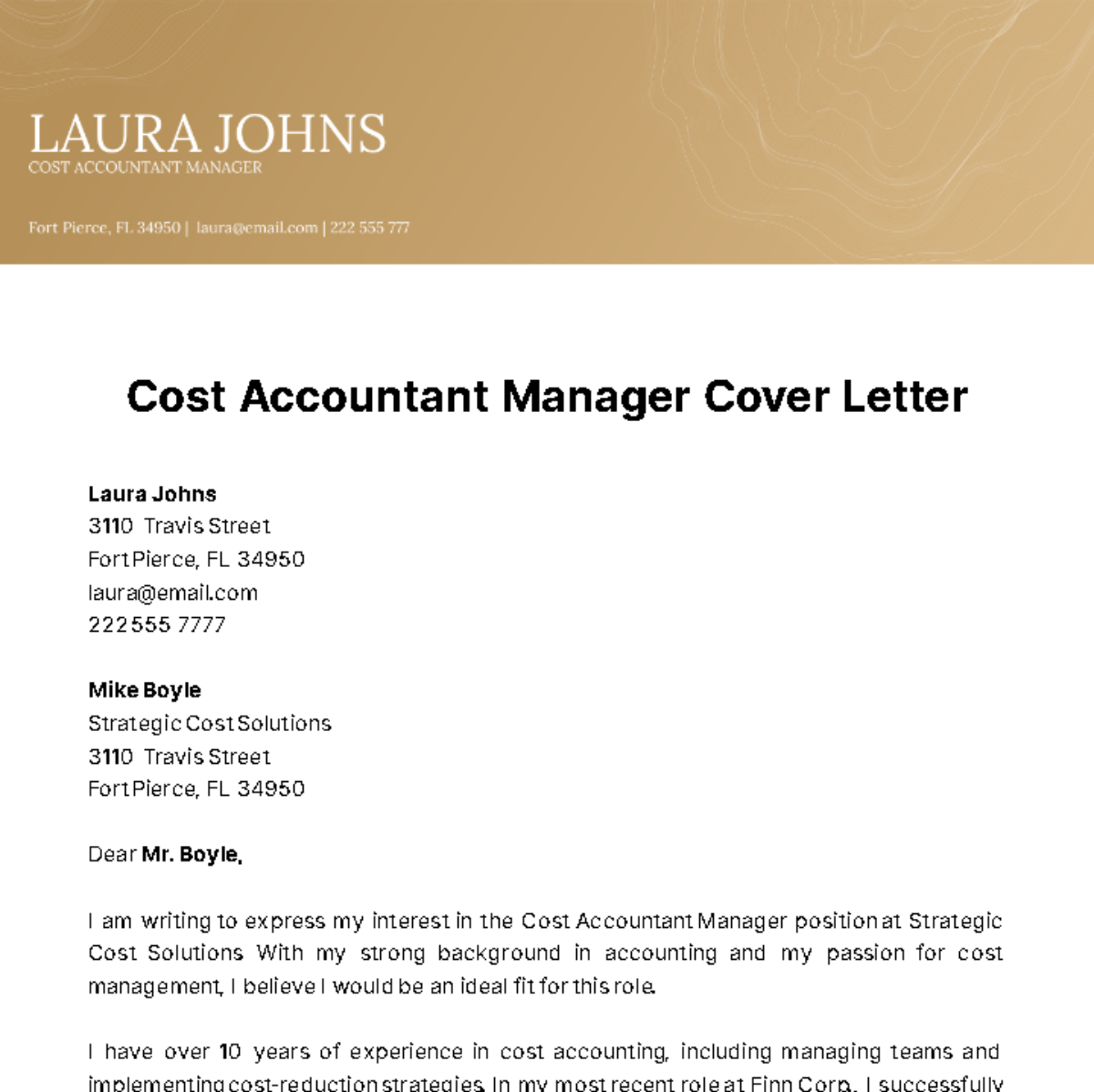 Cost Accountant Manager Cover Letter Template