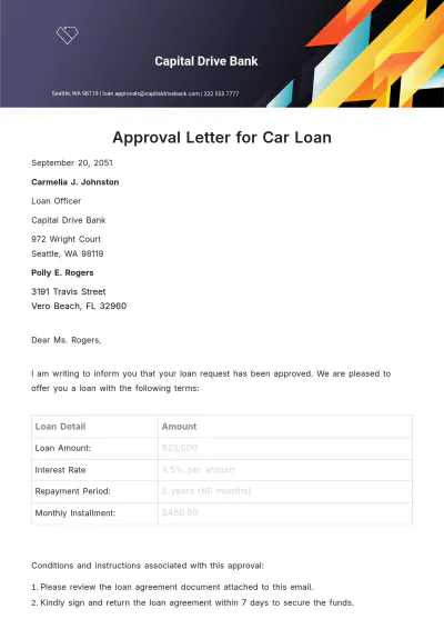 Free Approval Letter for Car Loan  Template to Edit Online