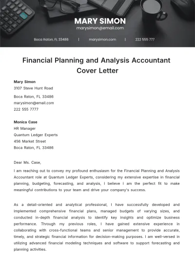 Free Financial Planning and Analysis Accountant Cover Letter Template to Edit Online