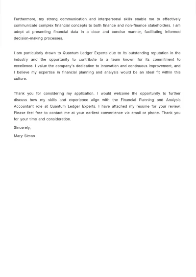 Free Financial Planning and Analysis Accountant Cover Letter Template to Edit Online