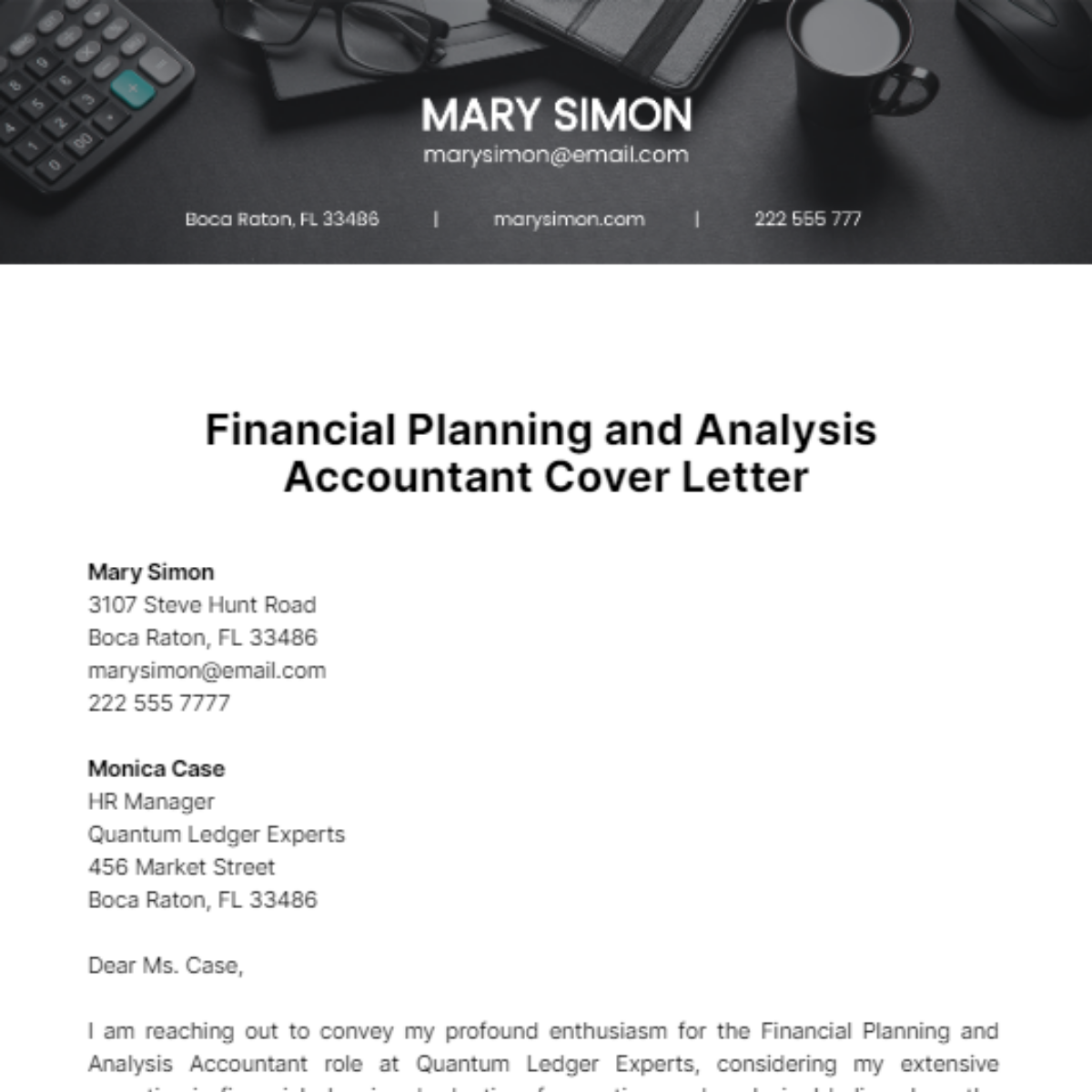 Financial Planning and Analysis Accountant Cover Letter Template