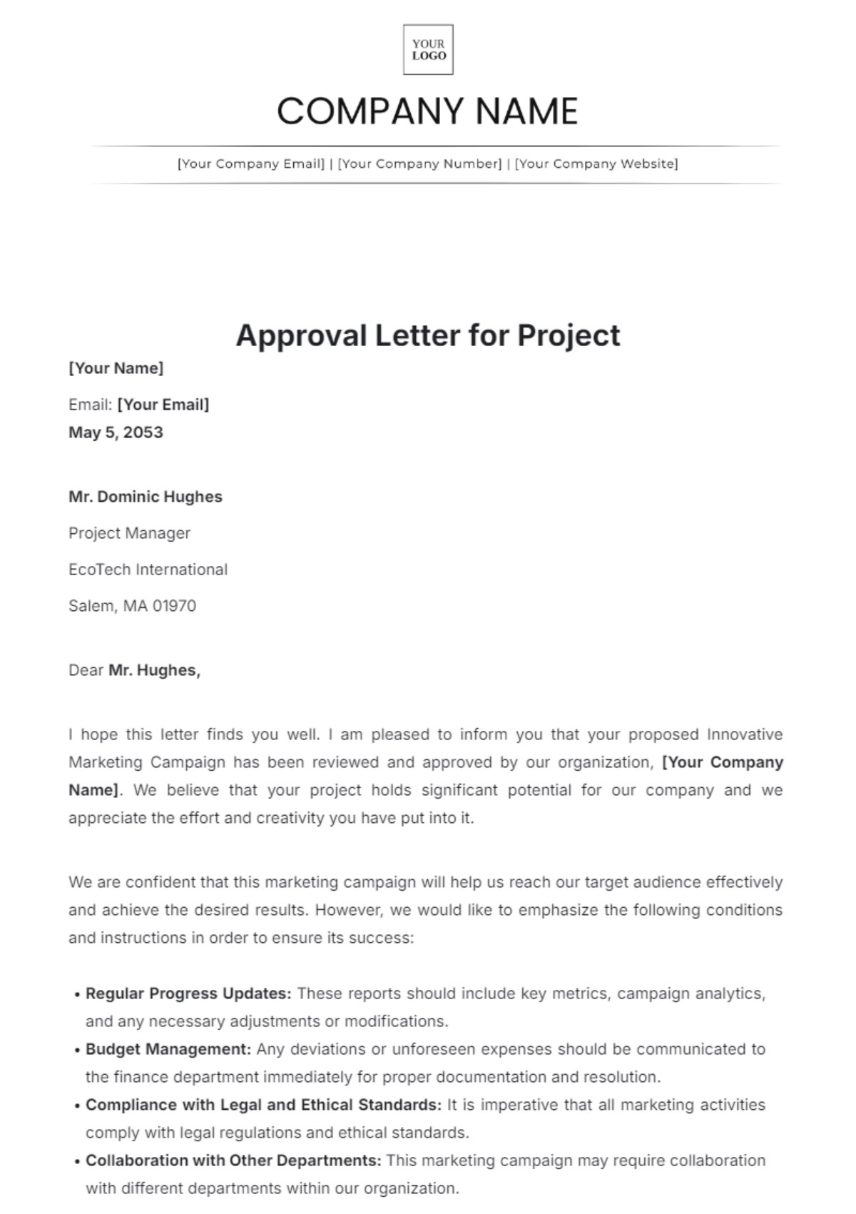 Approval Letter for Project Template