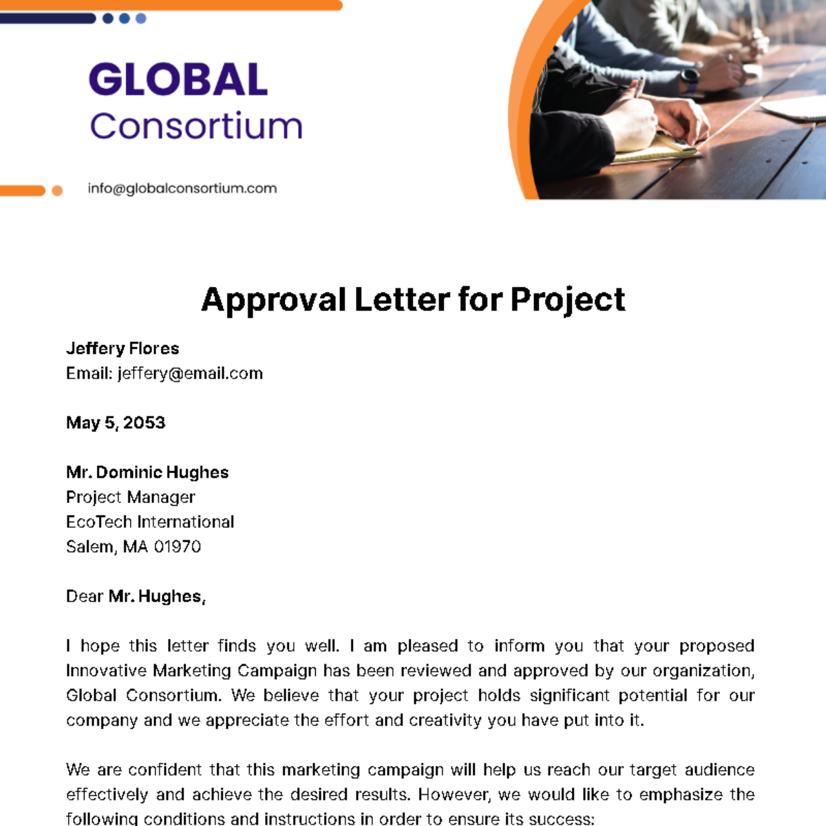 Approval Letter for Project  Template