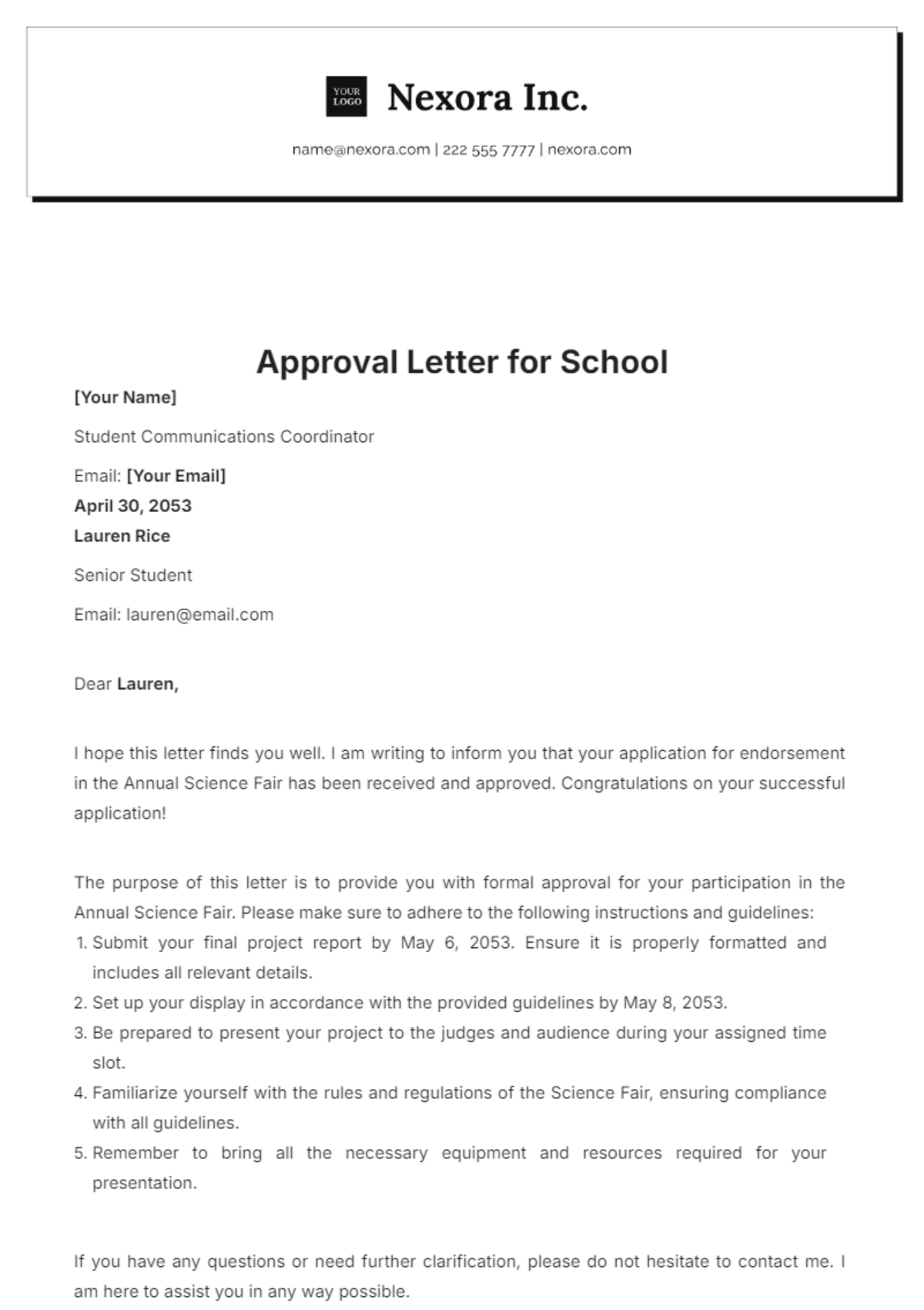 Approval Letter for School Template