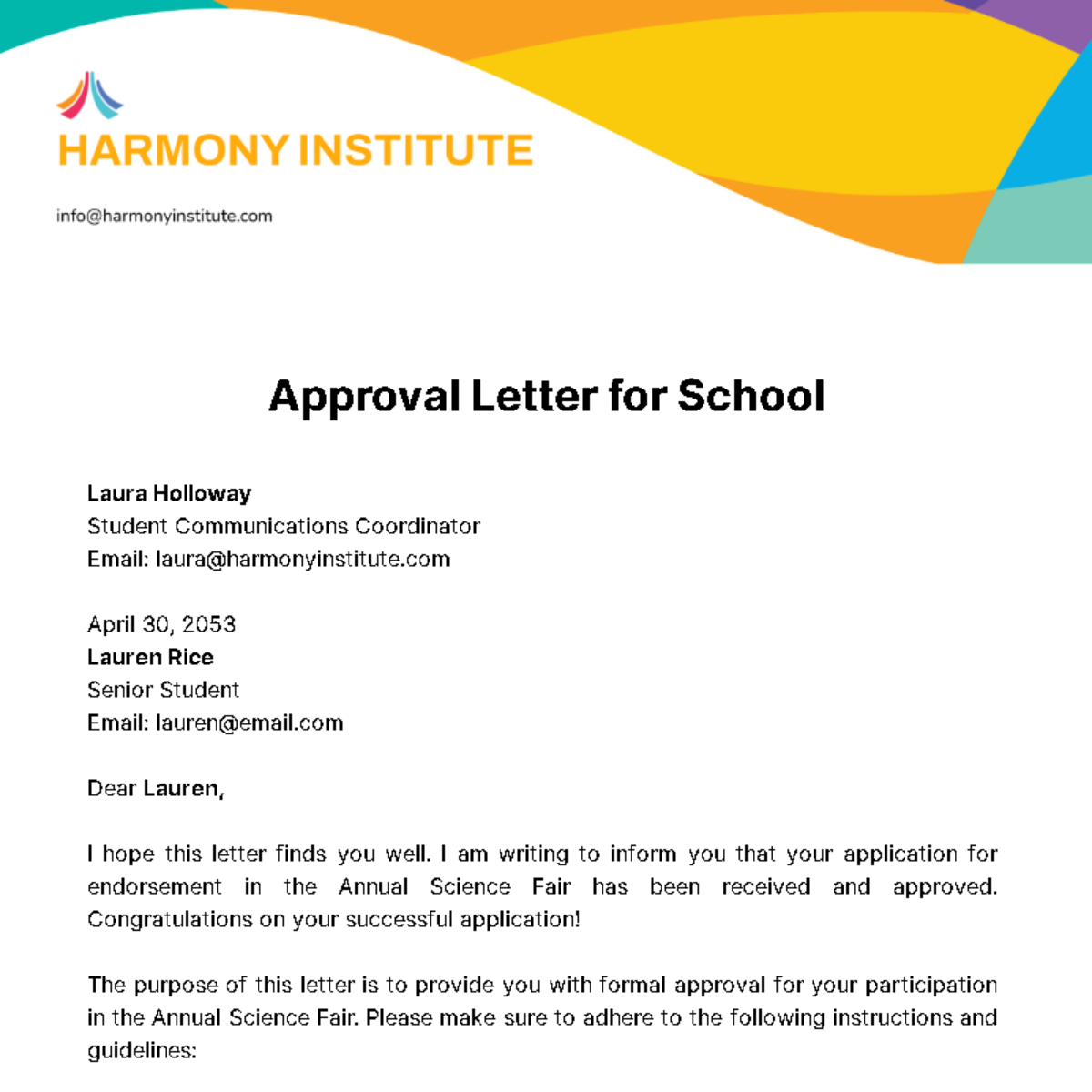 Free Approval Letter for School  Template