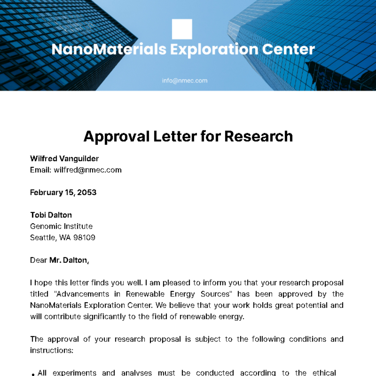 Free Approval Letter for Research  Template