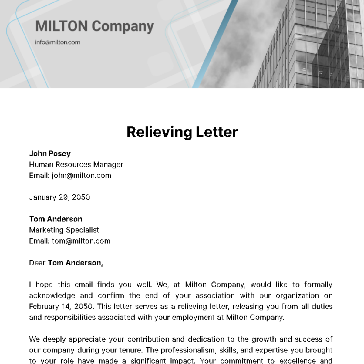 Relieving Letter  Template