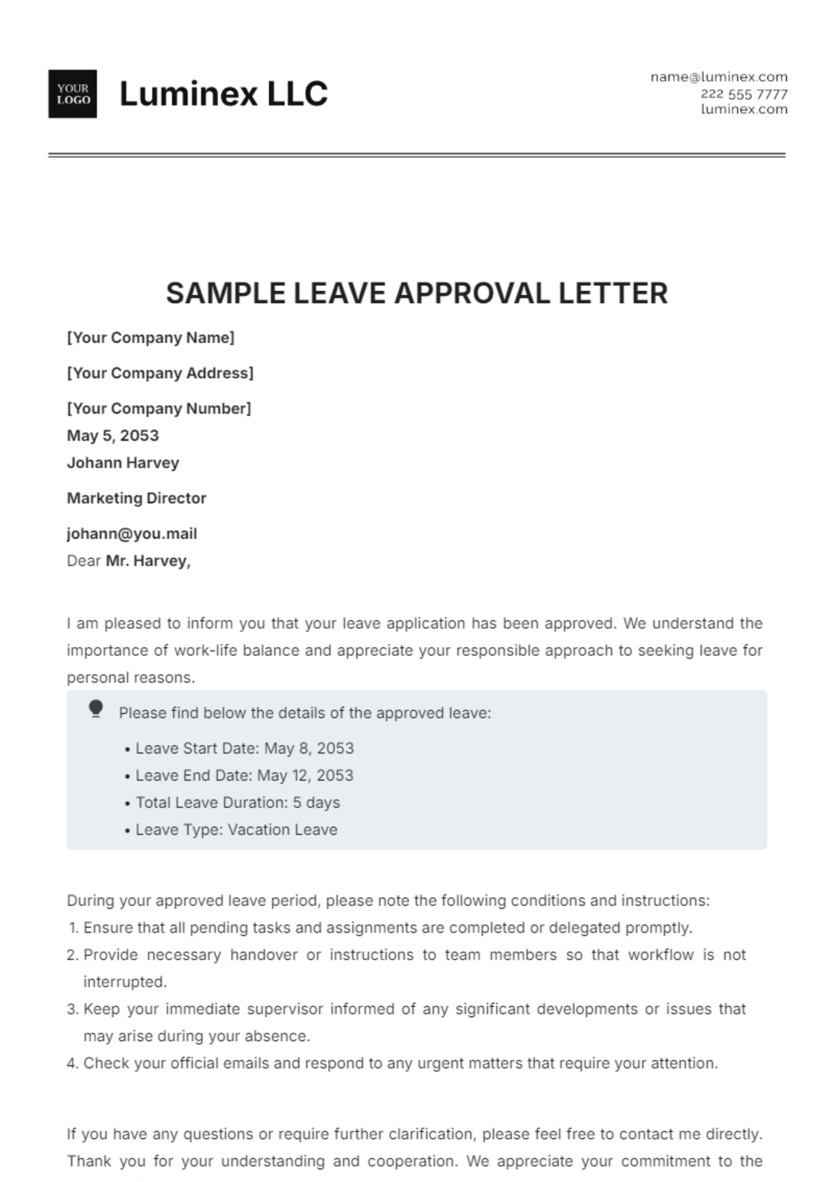 Sample Leave Approval Letter Template - Edit Online & Download