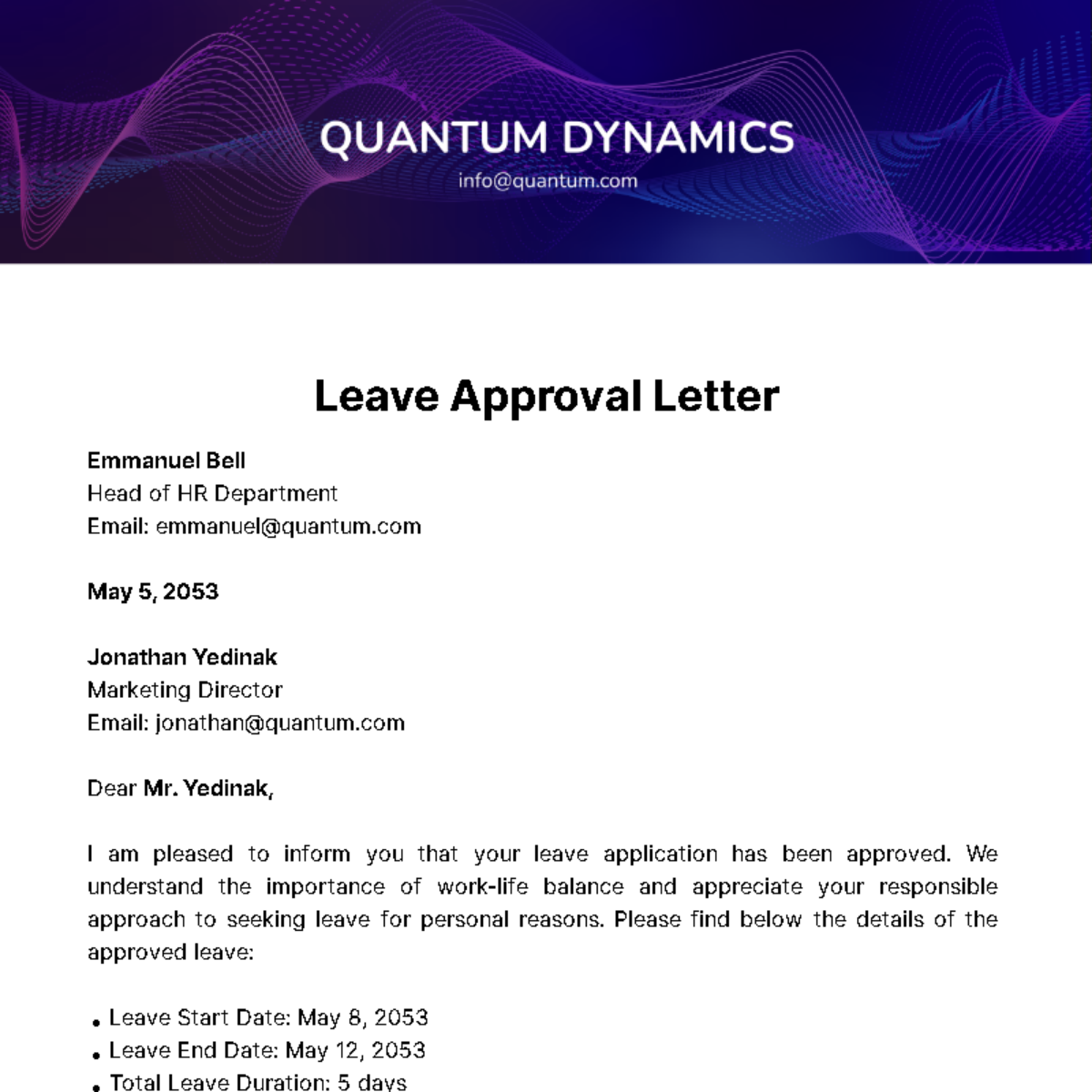 Free Leave Approval Letter  Template