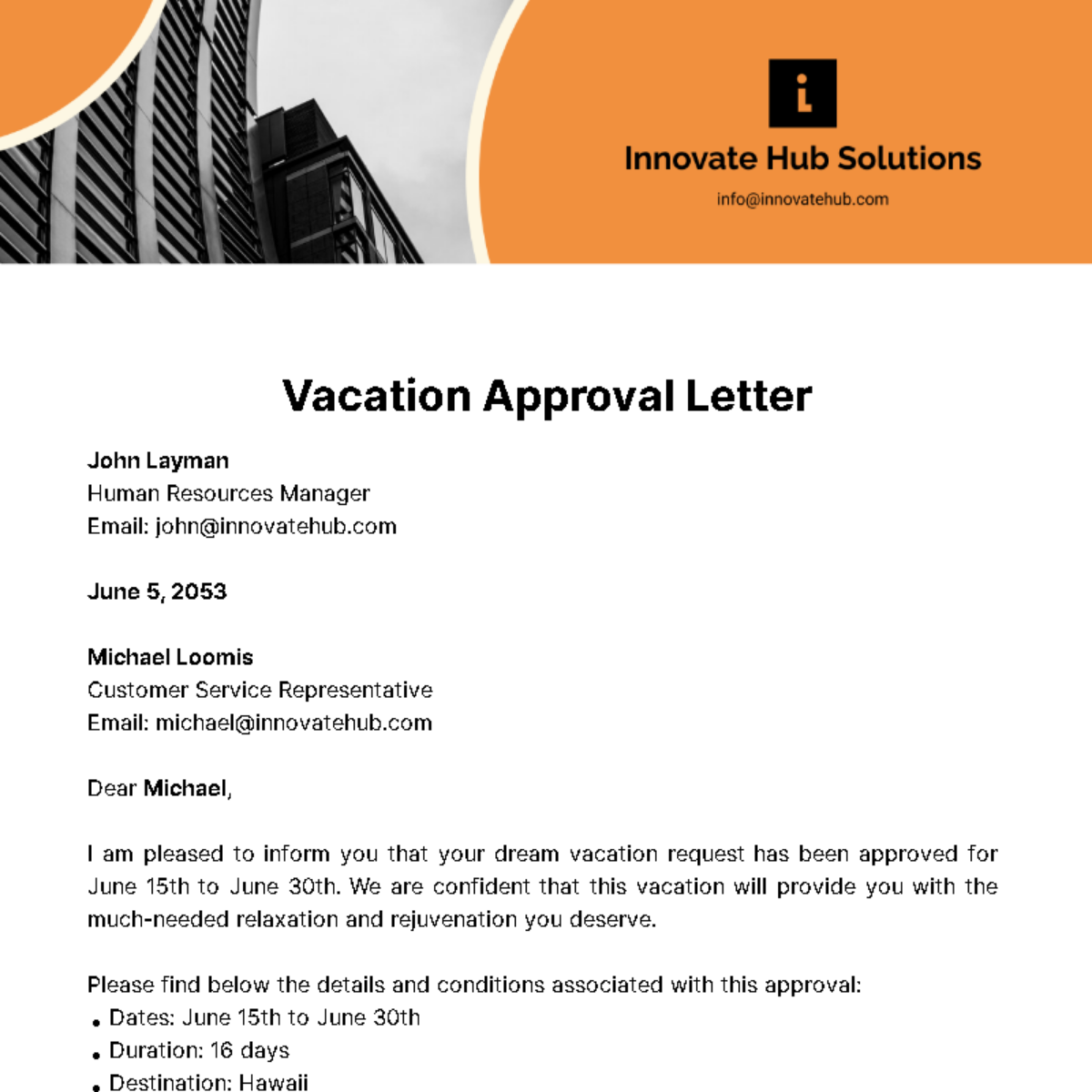 Free Vacation Approval Letter  Template