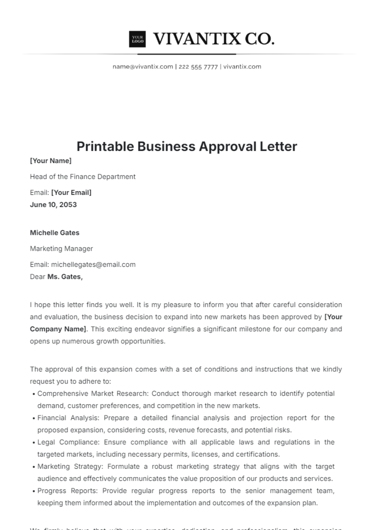 Printable Business Approval Letter Template