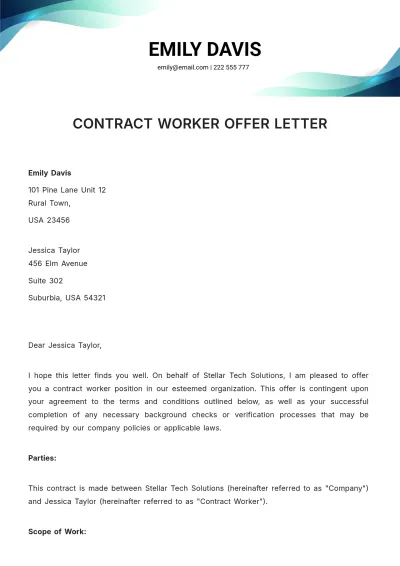 Free Contract Worker Offer Letter Template to Edit Online