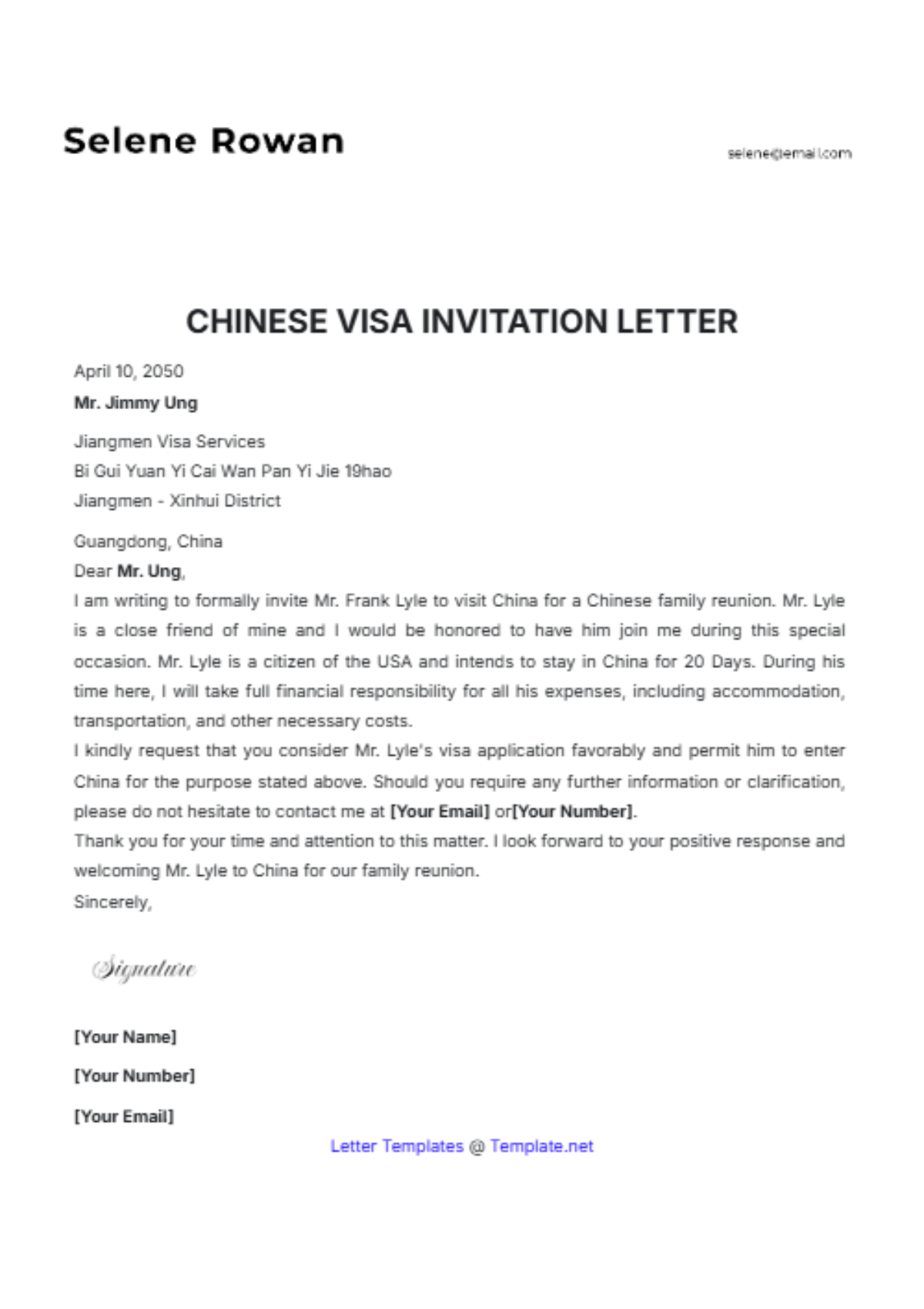 Chinese Visa Invitation Letter Template