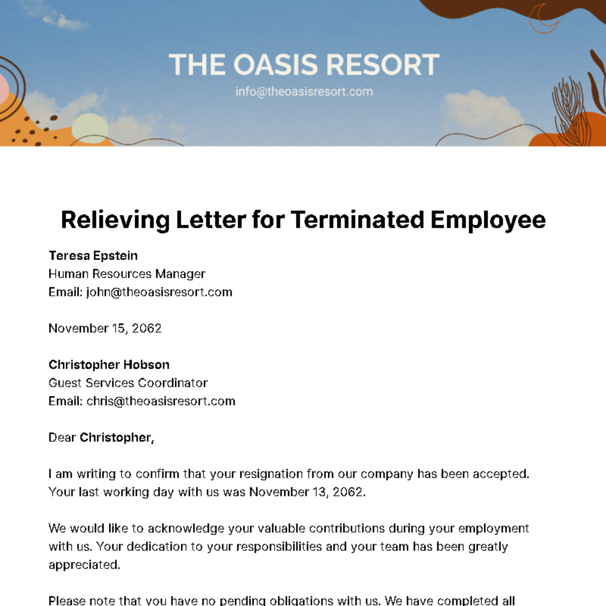 Relieving Letter for Terminated Employee Template