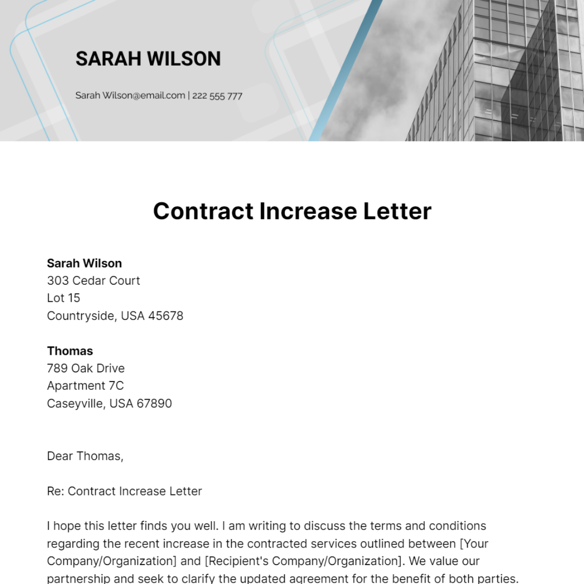 Contract Increase letter Template