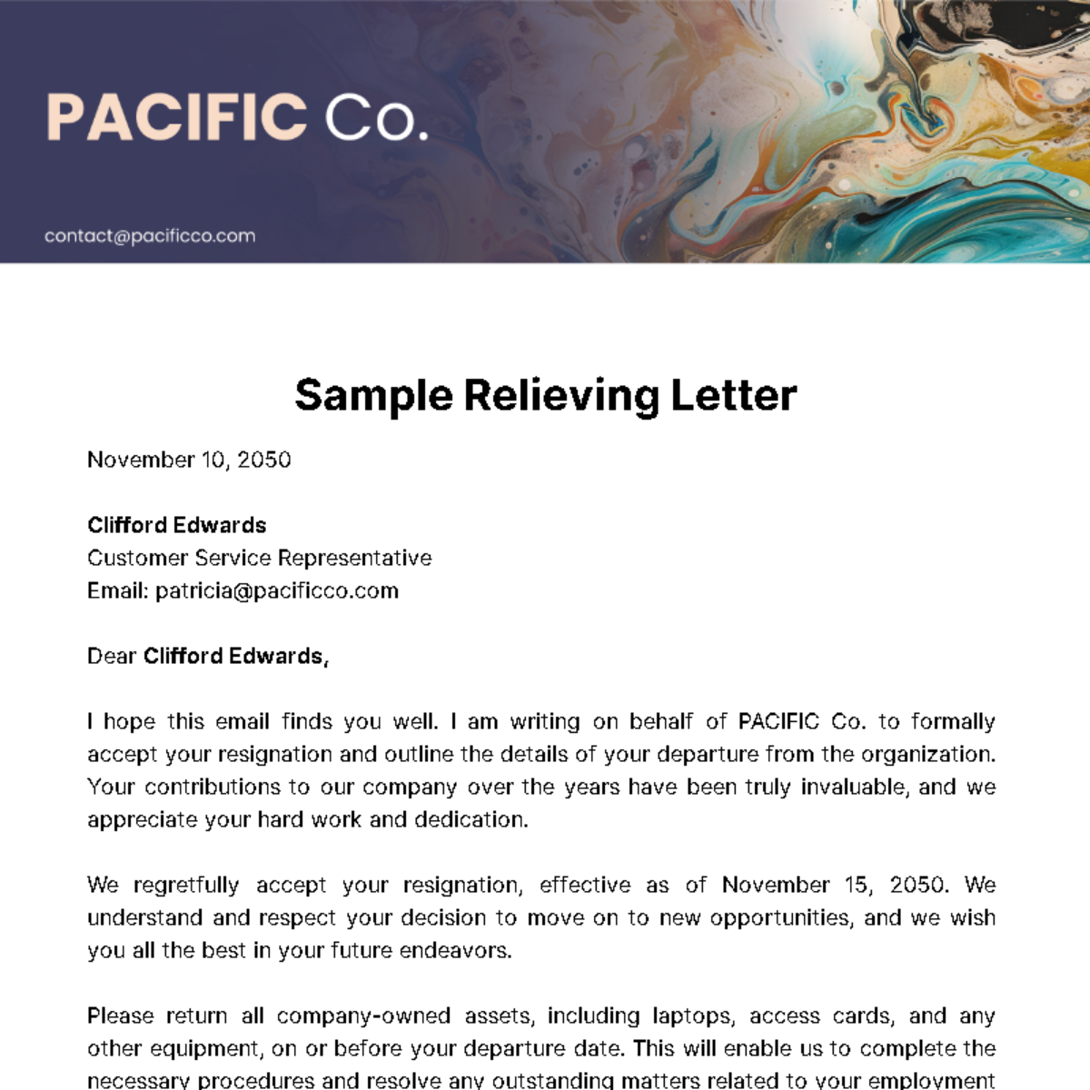 Sample Relieving Letter Template