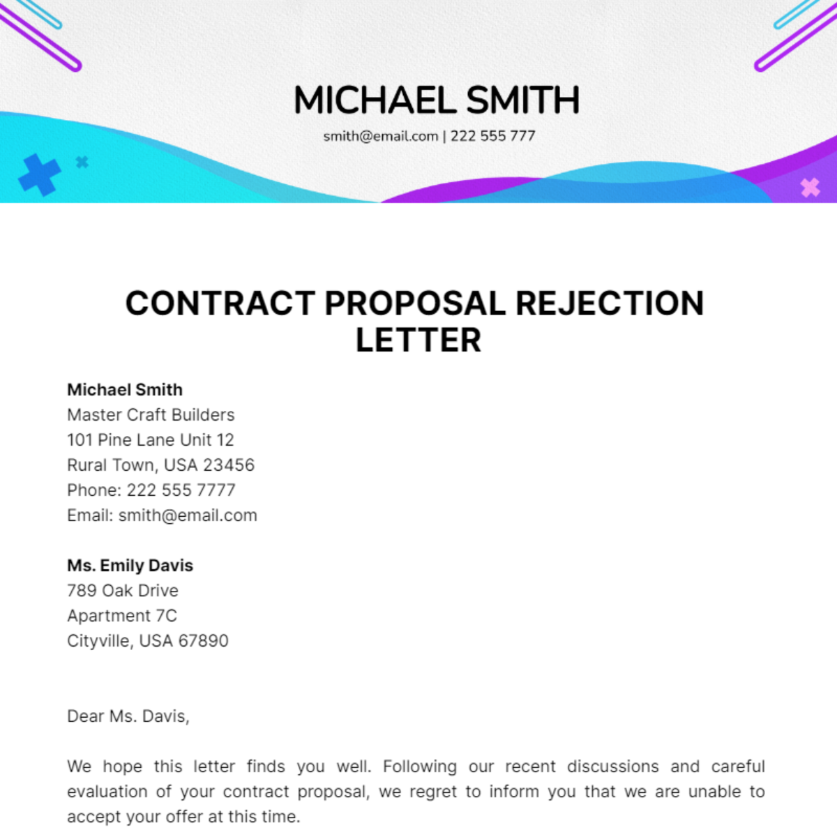 Contract Proposal Rejection Letter Template