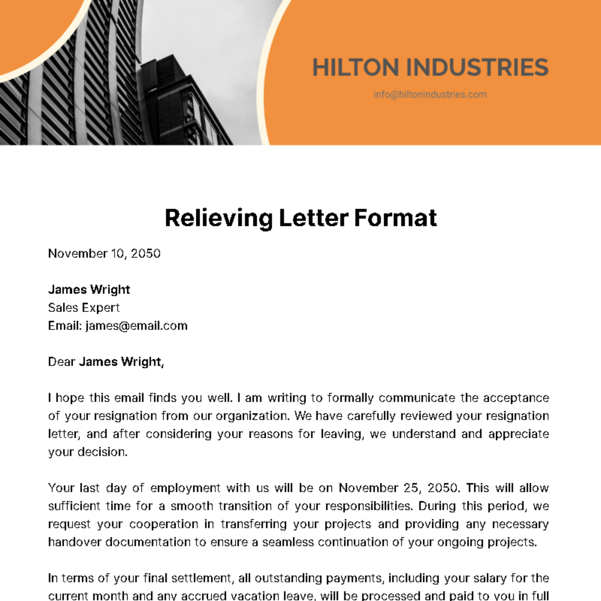 Relieving Letter Format Template