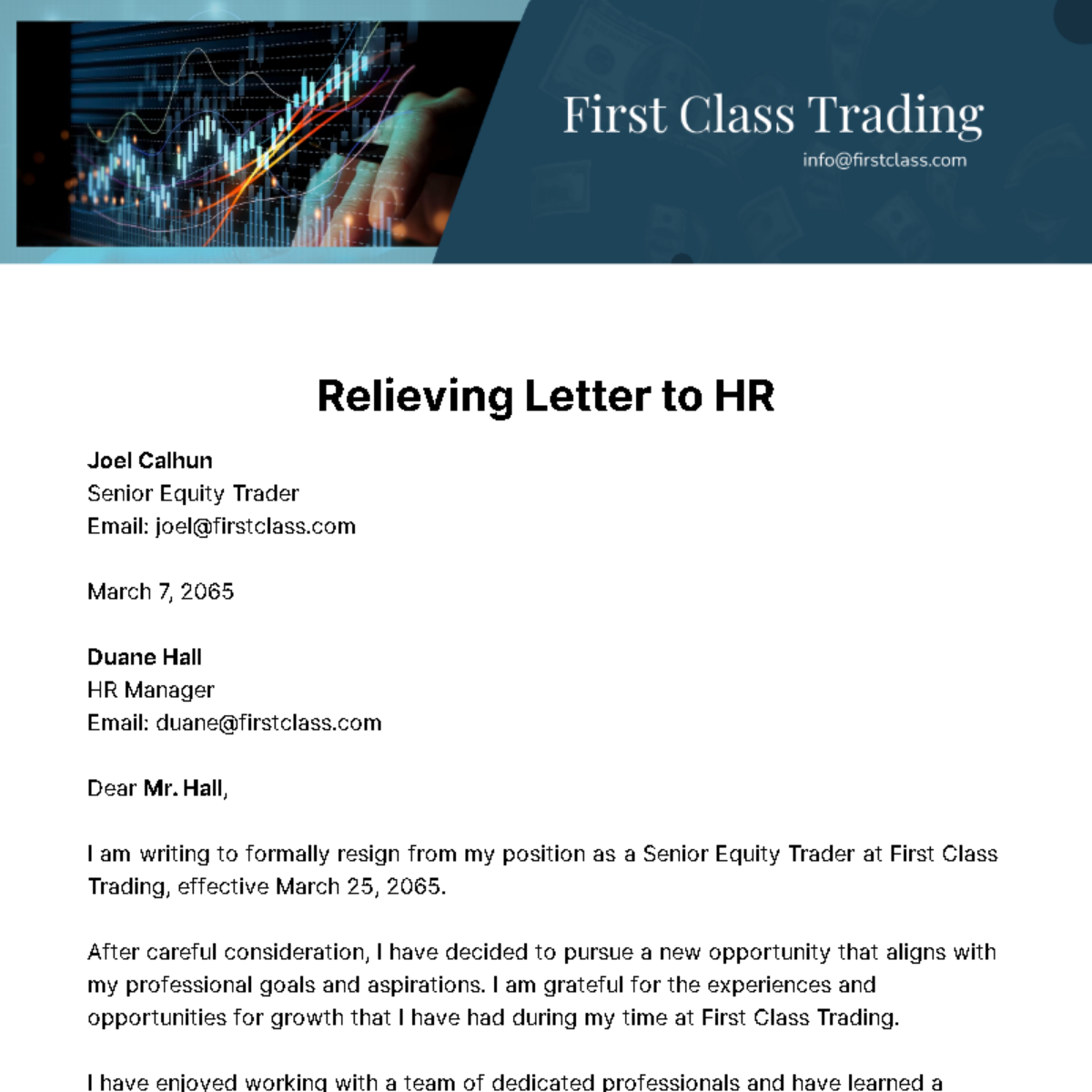Relieving Letter to HR Template