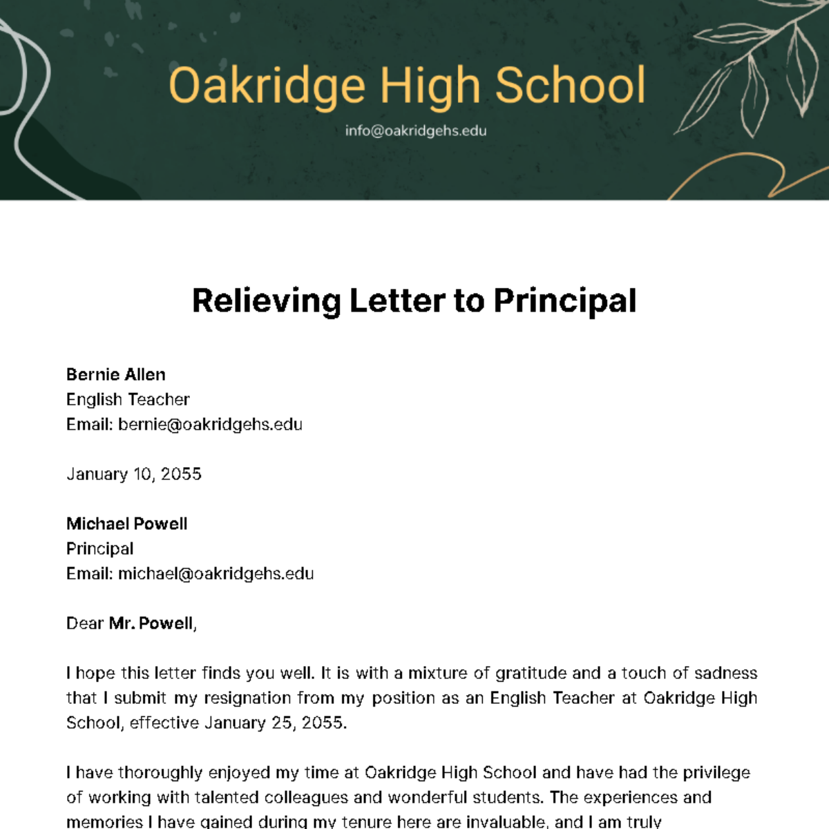 Relieving Letter to Principal Template