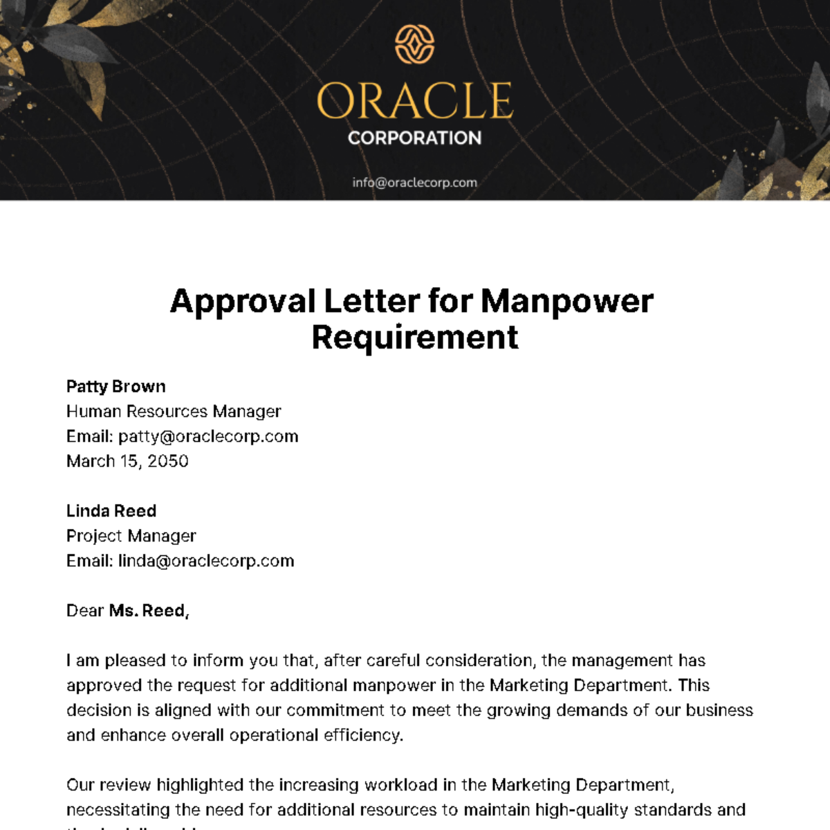 Free Approval Letter for Manpower Requirement Template