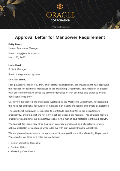 Free Approval Letter for Manpower Requirement Template to Edit Online