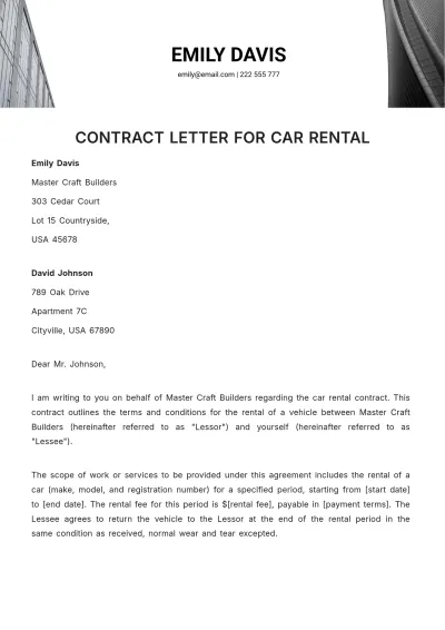 Free Contract Letter For Car Rental Template to Edit Online