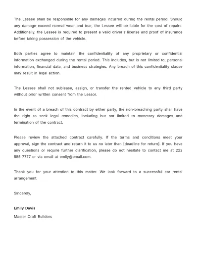 Free Contract Letter For Car Rental Template to Edit Online