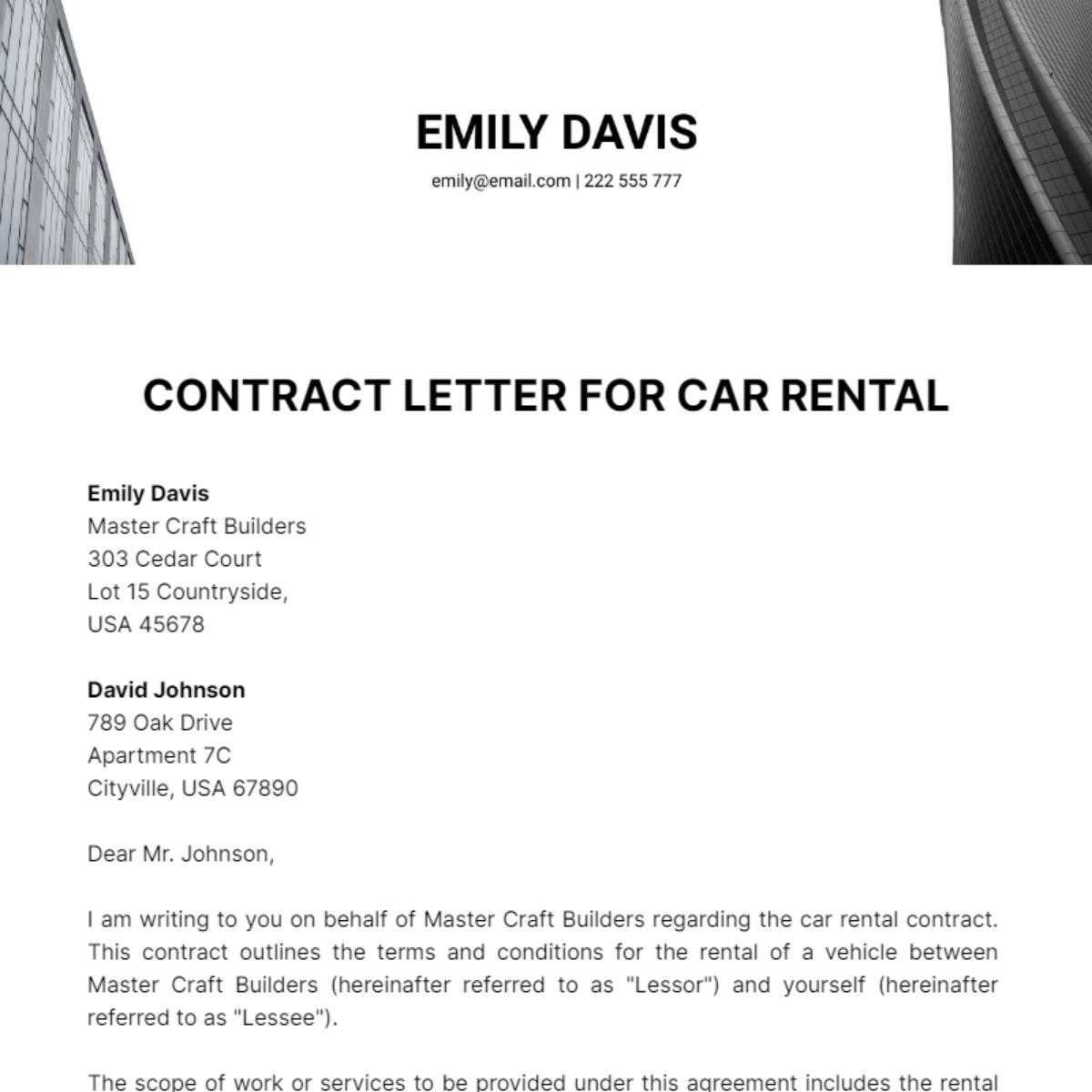 Contract Letter For Car Rental Template
