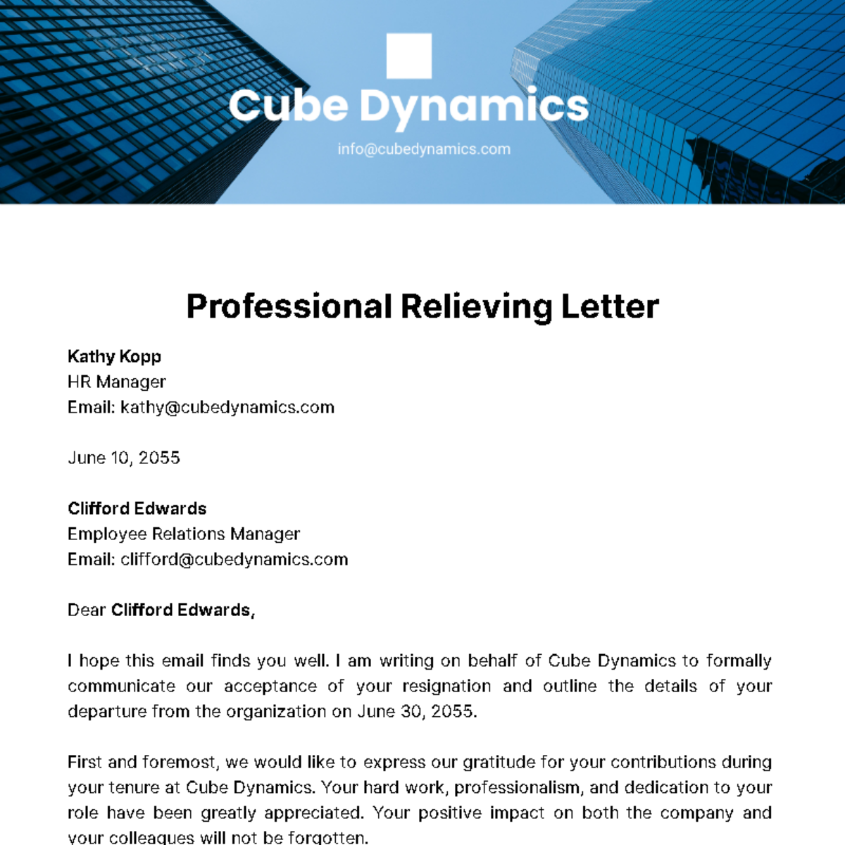 Professional Relieving Letter Template