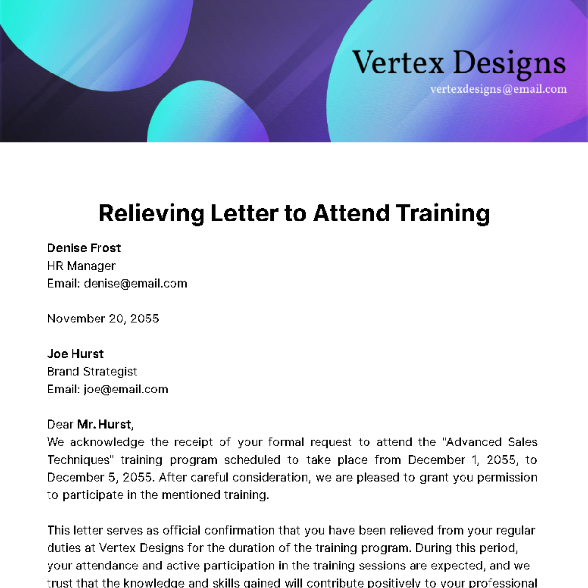 Relieving Letter to Attend Training Template