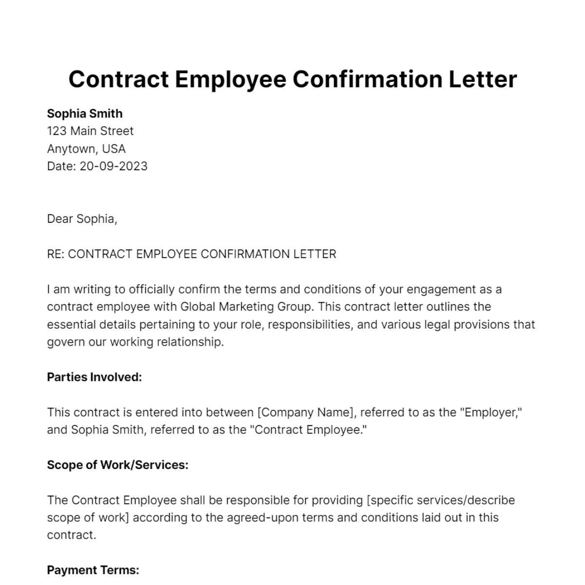 Contract Employee Confirmation Letter Template