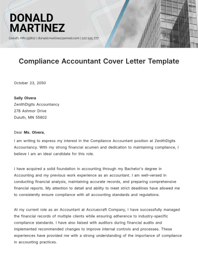Free Compliance Accountant Cover Letter Template to Edit Online