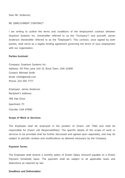 Free Contract Letter For Employment Template to Edit Online