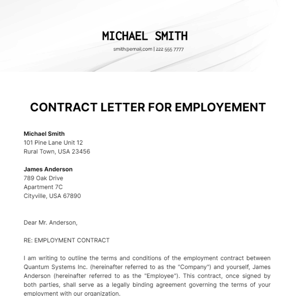 Contract Letter For Employment Template
