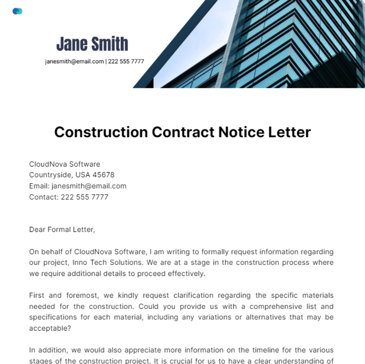 Construction Contract Notice Letter Template
