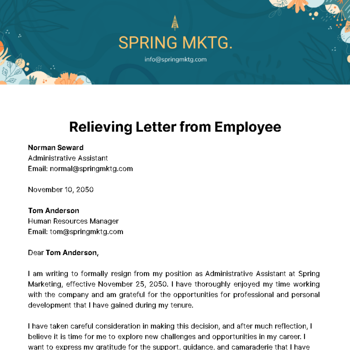 Relieving Letter from Employee Template