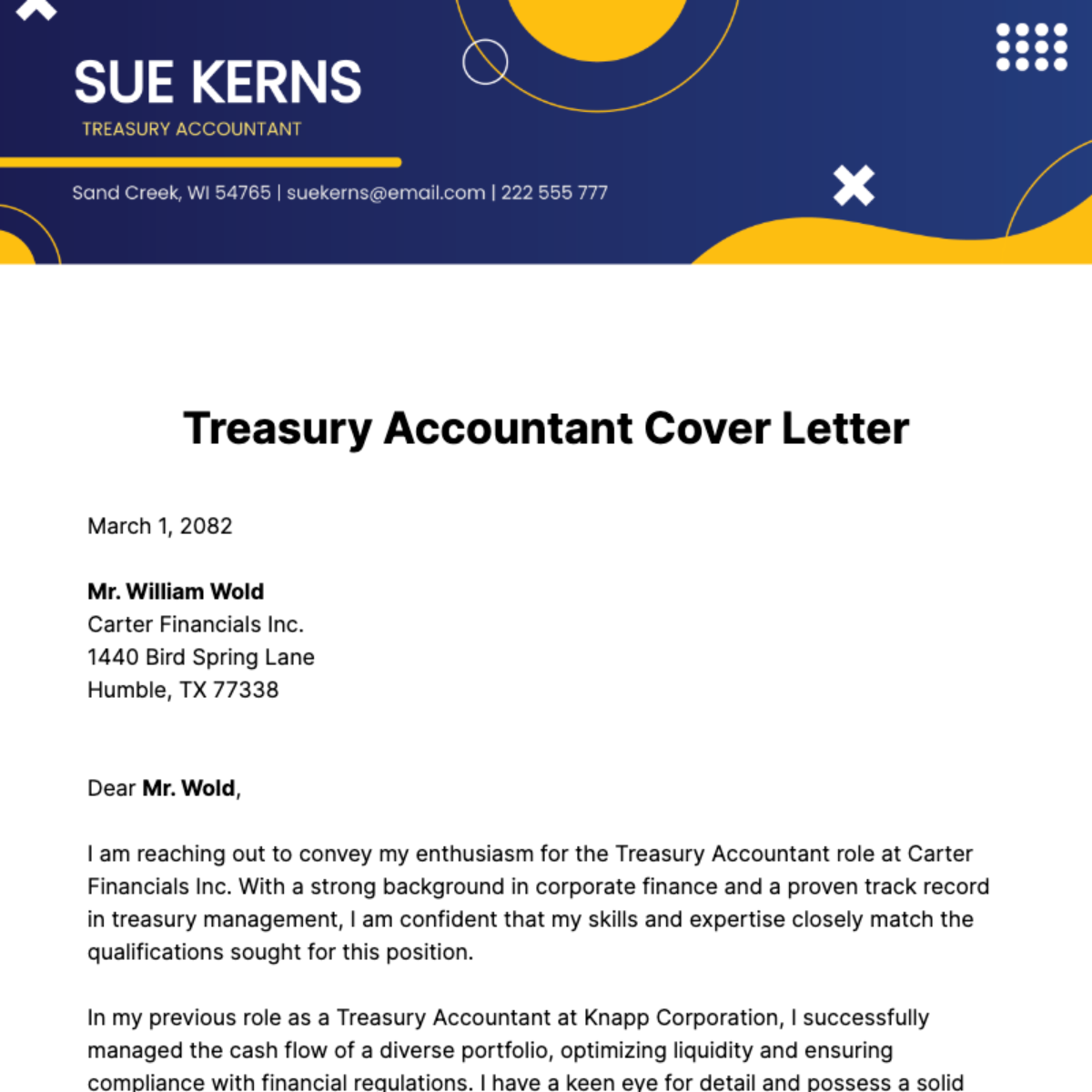 Treasury Accountant Cover Letter Template